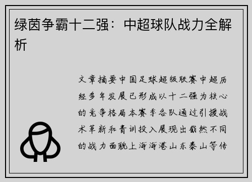 绿茵争霸十二强：中超球队战力全解析