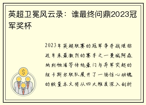 英超卫冕风云录：谁最终问鼎2023冠军奖杯