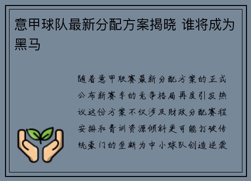 意甲球队最新分配方案揭晓 谁将成为黑马