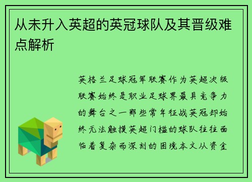 从未升入英超的英冠球队及其晋级难点解析